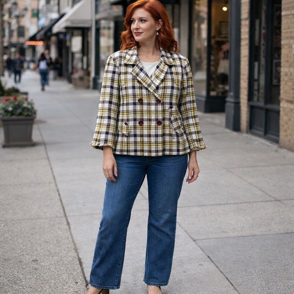 Pendleton Plaid Peacoat Women's Wool‎ Blend Jacket Lined Yellow Burgundy Check